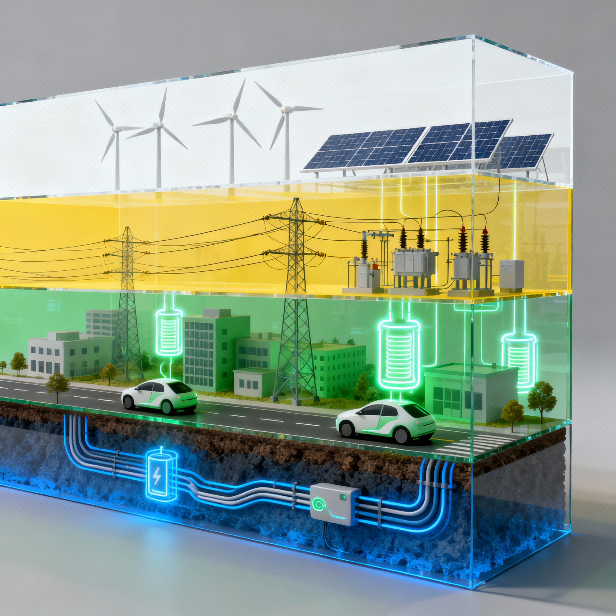Layered infrastructure view revealing the invisible energy ecosystem with storage connecting all levels